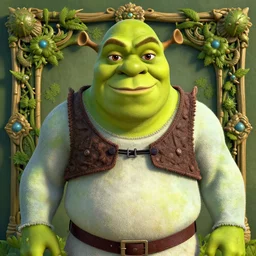 a beautiful detailed front view portrait of shrek with ornate growing around, ornamentation, flowers, elegant, beautifully soft lit, by hajime sorayama, wayne barlowe, peter mohrbacher, kelly mckernan,