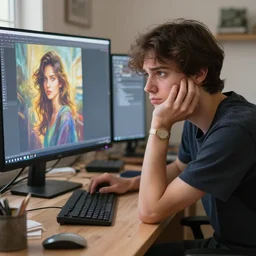 a concerned concept artist sits on social media all day worrying about automation, digital painting masterpiece, advanced lighting technology, trending on artstation and pixiv, beautiful, gorgeous