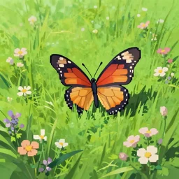 pixel art of a butterfly in a field of wild flowers, ghibli color scheme