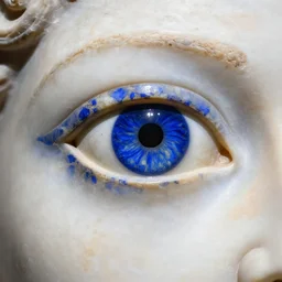medium - shot museum photo of ca 2 5 0 0 statue eye thick lapis lazuli beveled to hold the white limestone which forms the eye's sclera which is drilled to receive the black stone pupil, studio lighting, professional, promo,