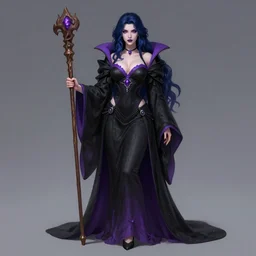 Sensual Sorceress, wearing Black and purple robes, Dark blue hair, magic wooden staff, fully covered, High fantasy, love interest, trending by artstation, artstationhd, artstationhq, matte painting