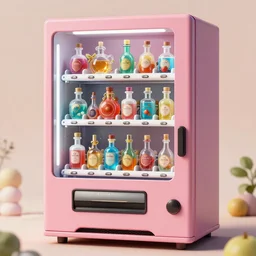 cute vending machine stocked with whimsical and colorful fantasy potions, detailed, 8 k, octane render