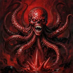 all red, highly detailed, tentacles and teeth horror rising out of abyss, sharp focus, caravaggio, masterpiece, epic composition, painting