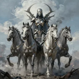 concept art by artgerm, death of the four horsemen of the apocalypse, soft grey and blue natural light, war battlefield, smoke, intricate, i robot queen of death, highly detailed dark art, digital painting, artstation, concept art, smooth, sharp focus, illustration, art by greg rutkowski and luis rollo and uang guangjian and gil elvgren, hd, symmetry!