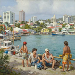a detailed and accurate masterpiece painting from within a city port in the caribbeans, sharp detail, by tyler edlin, noah bradley, john j. park, jordan grimmer trending on artstation