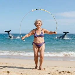 a smiling lovely cute granny hula hooping in a bikini at the beach. beautiful weather. whales jumping in the background. editorial photography
