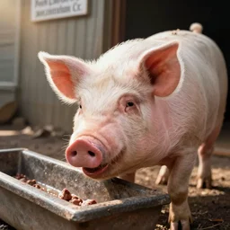 Pig man eating from a trough outside a bank