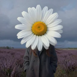 portrait, gigantic daisy flower head, girl wearing a coat in heather field, surreal photography, wind and cold, dramatic sky, impressionist painting, digital painting, artstation, simon stalenhag
