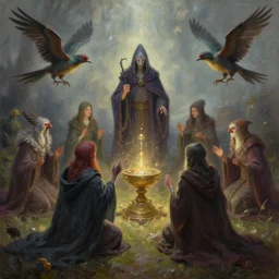 masterfully painted fantastic realist painting of the enchanted summoning rituals of unusual moody birds wearing cloaks, wizardly avians, digital painting trending on artstation octane render
