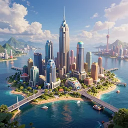 3D render of a a solarpunk city located in a large bay, dramatic lighting, vibrant colors, Trending on Artstation HQ, 4K, UHD, High quality, Unreal Engine