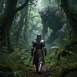 a strong knight is walking towards a horrific monster in a densely overgrown, eerie jungle, fantasy, stopped in time, dreamlike light incidence, ultra realistic, award winning picture