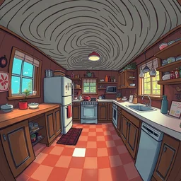spiral lines, naive nerikomi, weird perspective, extra narrow, detailed illustration of a kitchen dimly lit by rhads from lorax movie, trending artstation, true color, fisheye