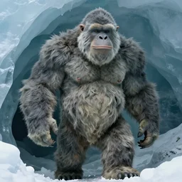 camera footage of a yeti in an ice cave, 4. 6 meters tall, muscular, with gray skin, discolored fur, a pronounced brow ridge, flared nostrils, and a curved crest on its forehead.