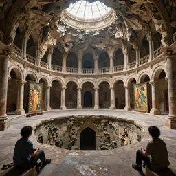 fantasy scifi scene andreas rocha and canaletto and mucha and noriyoshi ohrai of very deep cavernous well inside monastir de pedralbes large courtyard, very wide close establishing shot