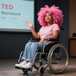 large girl in wheelchair, frizzy pink afro, lazy eye, giving a ted talk