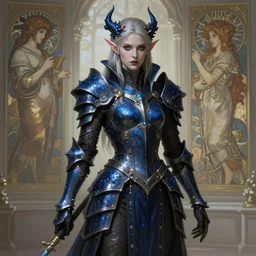 Gothic elf princess in dark and blue dragon armor, sci-fi, highly detailed, digital painting, artstation, concept art, smooth, sharp focus, illustration, art by artgerm and greg rutkowski and alphonse mucha
