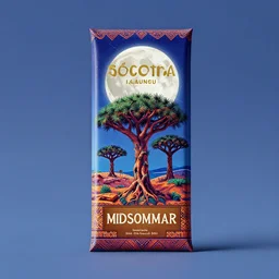 conceptual designer chocolate bar packaging, inspired by moonlit socotra island with dragon trees, midsommar color theme, kerala motifs, behance, pinterest, packaging of the world, award, front label, packaging design, octane render