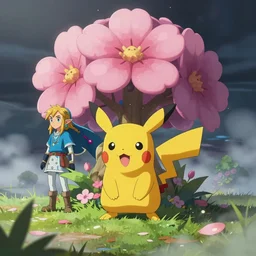 of pokemon painted in the style of zelda breath of the wild bloom, volumetric fog, moody ambiance, 80lvl, , princess mononoke, J_B5_Chirashi, jeremy blake art