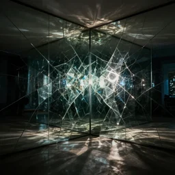 a dimly lit room with walls made of fractured mirrors creates reflected light patterns, photorealistic render, volumetric lighting