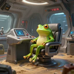 a beautiful digital artwork of the interior of a futuristic spaceship, a frog sitting on the captains chair at the controls, sand on the floor, trending on artstation, realistic
