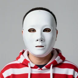 portrait of a person wearing white plastic featureles mask, wearing red and white stripes hoddie