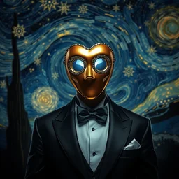 in the style of starry night, a tuxedo for a big man with small legs, heart shaped golden mask with white lights for eyes. - n 6