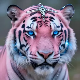 natural light, soft focus extreme close up portrait of a cyberpunk anthropomorphic tiger with soft synthetic pink skin, blue bioluminescent plastics, smooth shiny metal, elaborate ornate head piece, piercings, skin textures, by annie leibovitz, paul lehr