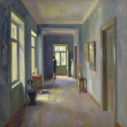 A highly detailed hallway liminal space by Ivan Aivazovsky and Nicholas Roerich, impressionistic brushwork