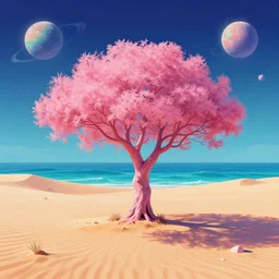 a pink tree in a desert surrounded by an ocean on a strange planet, by bruce pennington, by sam freio, by thomas rome, by victor mosquera, juxtapoz, behance, dayglo, prismatic, iridescent