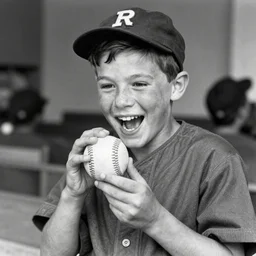 depression era boy overjoyed by gift of a baseball, library of congress photograph, highly detailed, black and white, grainy