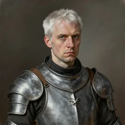 portrait painting of a sarcastic man with short white hair wearing a grey pelt gambeson, early 3 0 s. sharp focus, award - winning, trending on artstation, masterpiece, highly detailed, intricate. art by seb mckinnon