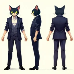cyberpunk cat in suit sketch, front, side, and back view, arms outstretched, modeling reference sheet,