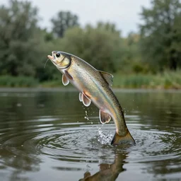 a mutated chernobyl fish jumping out of a big pond photography