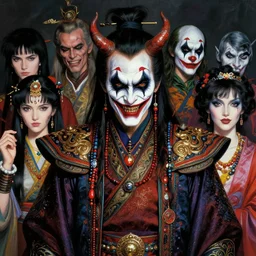 photorealistic portrait of evil looking michael berryman wearing intricate shao khan costume, bizarre voodoo makeup, clown makeup, by amano, karol bak, greg rutkowski, and akira toriyama, tonalism, hyperrealistic, artgerm, concept art, masterpiece.