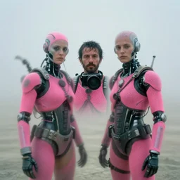 cinestill hasselblad 5 0 0 mm, f 1. 2, tele lens, extreme motion blur, candid photographic portrait by robert capas of 2 cyborgs wearing rugged neon pink mesh techwear in treacherous fog, burning man nevada, modern cyberpunk moody depressing cinematic, pouring rain, ultra realistic faces, ex machina