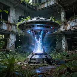 teleportation machine in an abandoned city, forgotten and overgrown with plants, plasma light shining from the machine