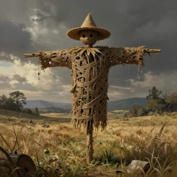 an intricate concept illustration of an scare crow in the field, by wlop, artstation, cgsociety, hyper realistic, photorealistic, digital painting