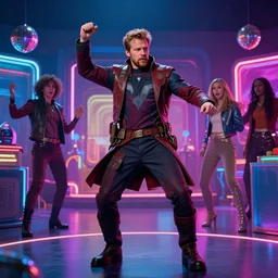 film still of star - lord played by chris pratt dancing in a 1 9 7 0 s disco surrounded by colorful neon lights in the new guardians of the galaxy movie, 4 k