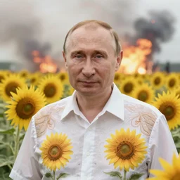 photo portrait of Putin in sunflower field, dressed in leisure shirt with ornamental  ethereal  sunflower pattern, natural skin tone, raging war and explosions in the background, face is naturally detailed, elegant, Realistic, Refined, Highly Detailed, natural soft pastel lighting colors scheme, fine art photography by Cecil Beaton, volumetric lighting, hyper realistic photography
