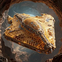 alien starship exiting stargate made of molten honeycomb structure, intricate detail, royo, whealan, giger, hd, 8 k, octane render, unreal engine,