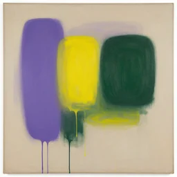 minimalistic abstract painting in purple, yellow, dark green, beige, by hernan bas and pat steir and helene frankenthaler and hilma af klint, psychological, photorealistic, dripping paint, washy brush, oil on canvas, rendered in octane, altermodern, masterpiece