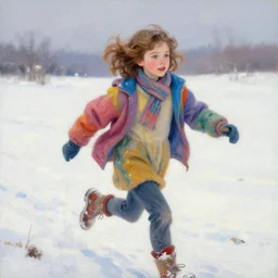 a fifteen year old girl with short wavy curly light brown hair and blue eyes wearing colorful winter clothes is running in a snowy field. beautiful painting by artgerm and greg rutkowski