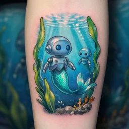 tattoo of cute mermaid robots swimming through sea grass and kelp with light rays underwater