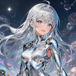 ultra detailed illustration of a anime girl covered in liquid chrome, smiling, lost in a dreamy fairy multiverse,  by Karol Bak, Johfra Bosschart, Andrew Thomas Huang, dan mumford, Druillet colorful, front view, vivid colors, 8k, coherent, artgerm, anime vibes, octane render, uplifting, magical composition, artstation