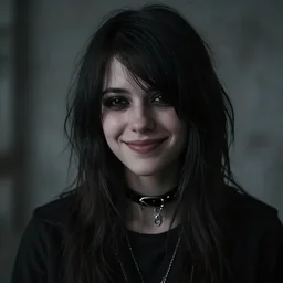 dark emo girl smiling, cinematic photo shoot, 4K, high resolution