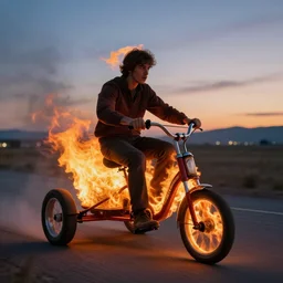 a flaming tricycle tries to understand what is happening, magic hour,