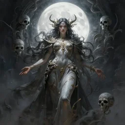 goddess, masterpiece ,  cinematic, powerful, moon beams dramatic light, highly, intricate elements, hollow souls, detailed, digital painting, artstation, concept art, sharp focus, illustration, art by Cedric Peyravernay and Huang Fan and Sangsoo Jeong