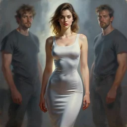 a painting of a female in skintight dress. by randolph hewton and edward robert hughes. trending on artstation, highly detailed, volumetric lightning, cinematic lightning