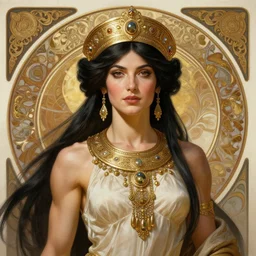 painted portrait of tomyris, central asian queen of massagetae, black hair, mature, aesthetic, muscular, beautiful, fantasy, intricate, elegant, highly detailed, digital painting, artstation, concept art, smooth, sharp focus, illustration, art by gaston bussiere and alphonse mucha