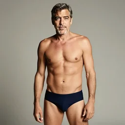 Photo of George Clooney in swimsuit, soft studio lighting, photo taken by Anne Liebovitz for Abercrombie and Fitch, award-winning photograph, 24mm f/1.4